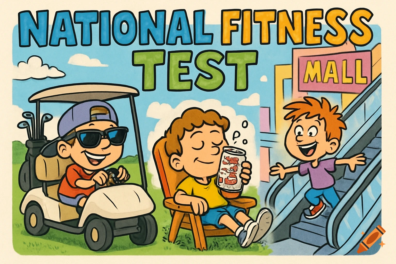 A colorful cartoon showing three boys: one drives a golf cart, one sips from a soda can, and one happily descends an escalator. Above them, text reads 'NATIONAL FITNESS TEST' and a building sign says 'MALL'.