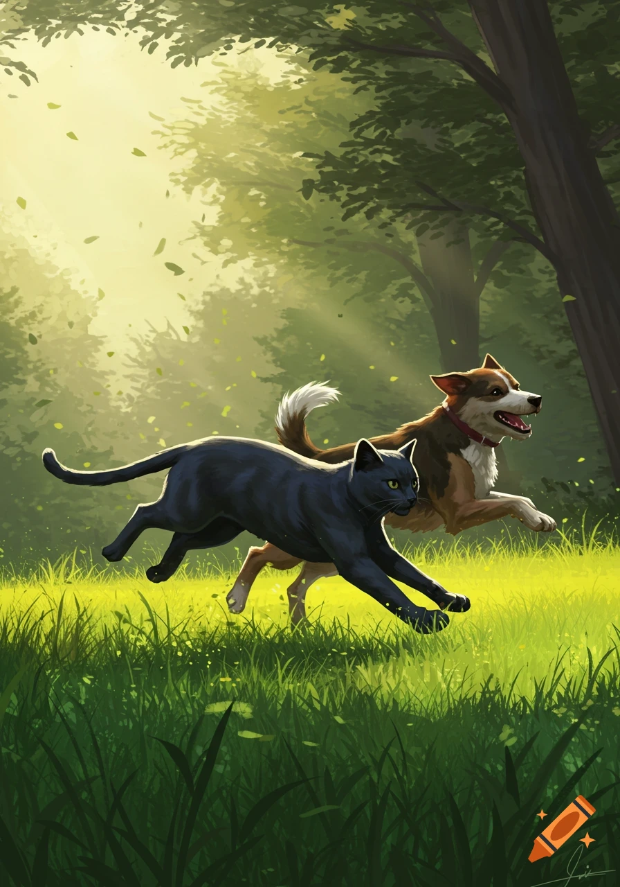 A black cat and a brown and white dog run through a bright green, sun-dappled forest clearing in an illustrative style.