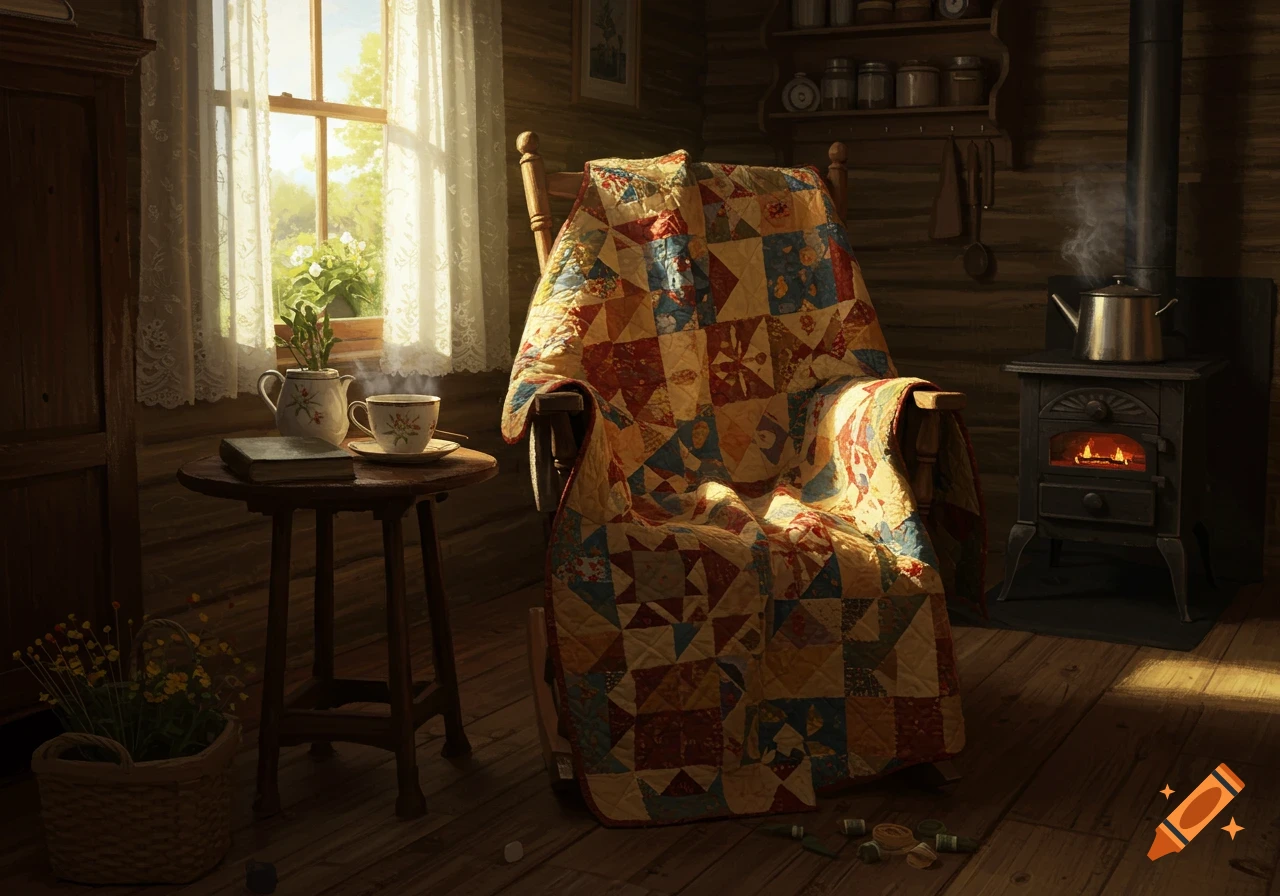 A cozy, sunlit cabin interior featuring a rocking chair draped with a colorful quilt, a tea setup, and a wood-burning stove.