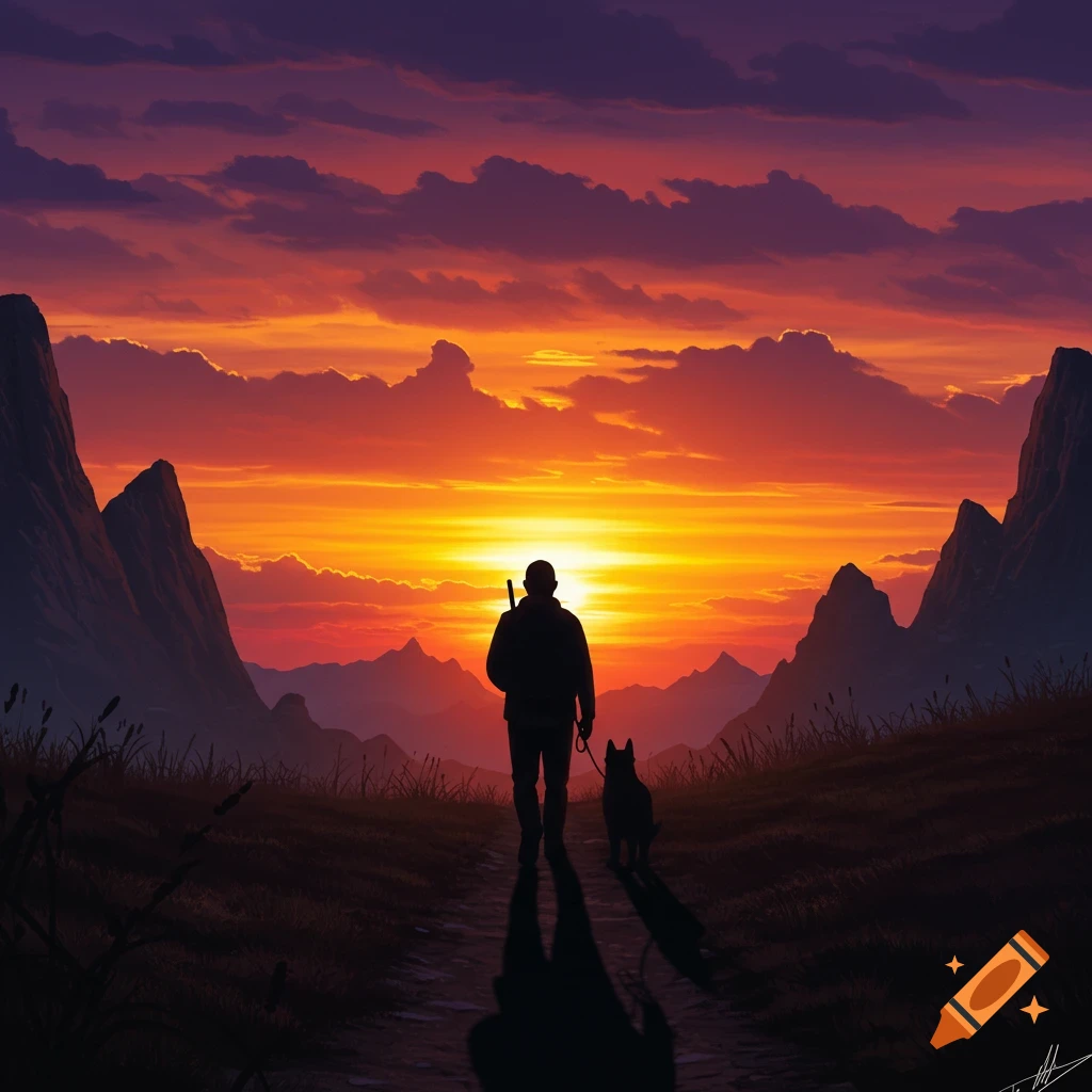 A silhouette of a man and a dog walking on a path towards a vibrant orange and purple sunset over mountains.