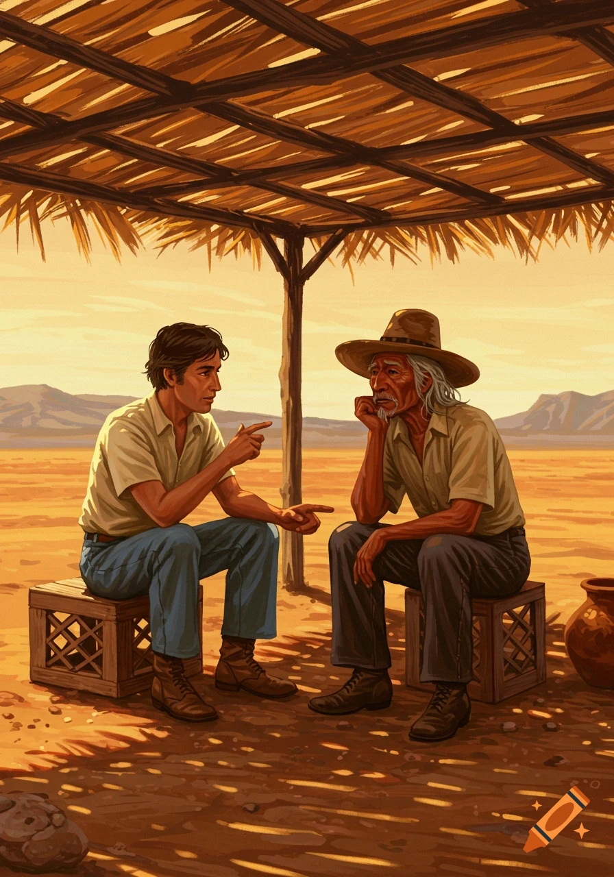 Two men sit on crates under a ramada in a desert, one gesturing while the other listens attentively, in an illustrative style.