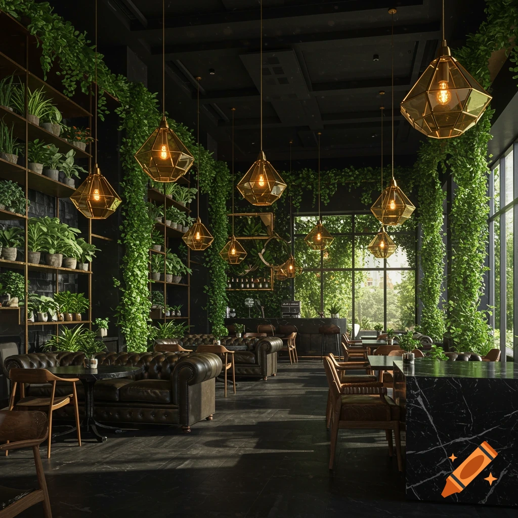 A stylish dark cafe interior with lush green plants, leather sofas, and geometric golden pendant lights, seen through large windows.