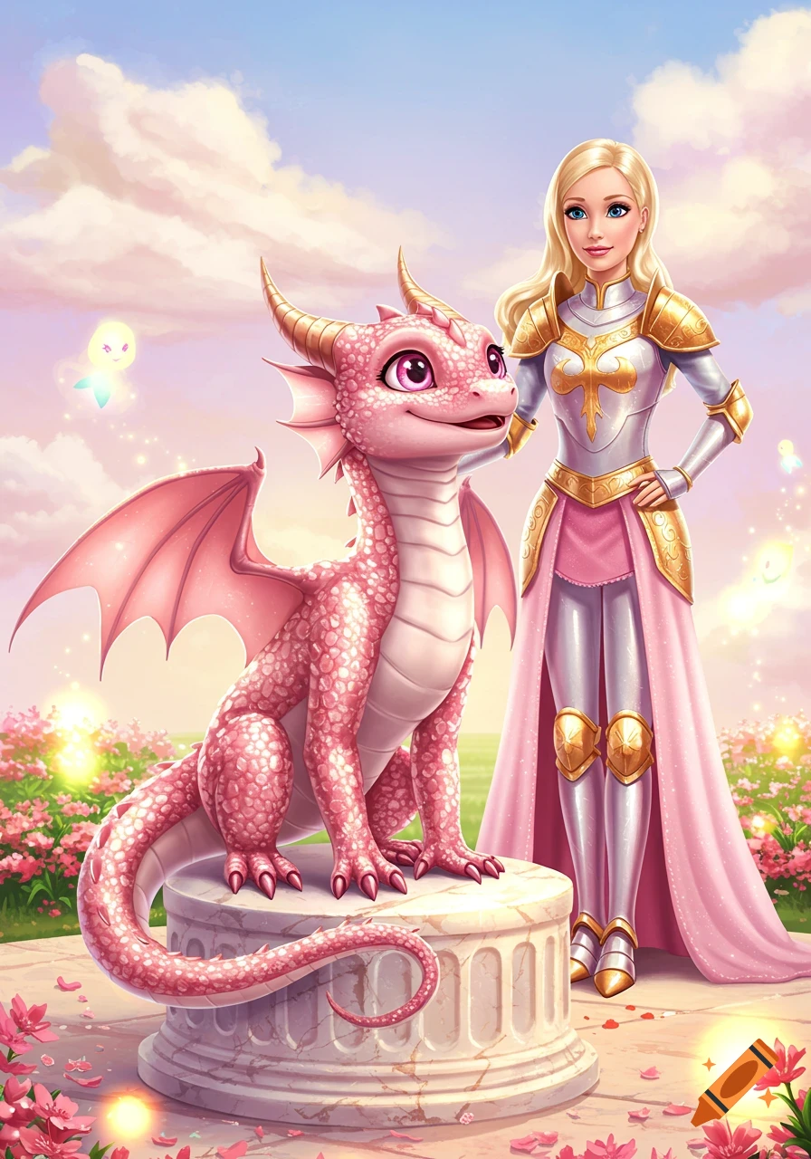 A blonde woman in silver and gold armor stands next to a small pink dragon on a pedestal in a field of flowers.