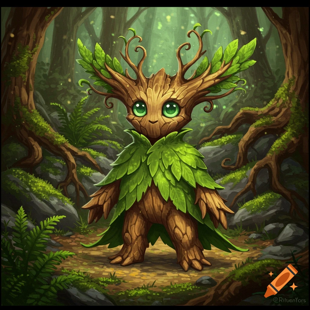 A cute, stylized plant and wood monster leshy with glowing green eyes and a leafy cloak stands in a magical forest.
