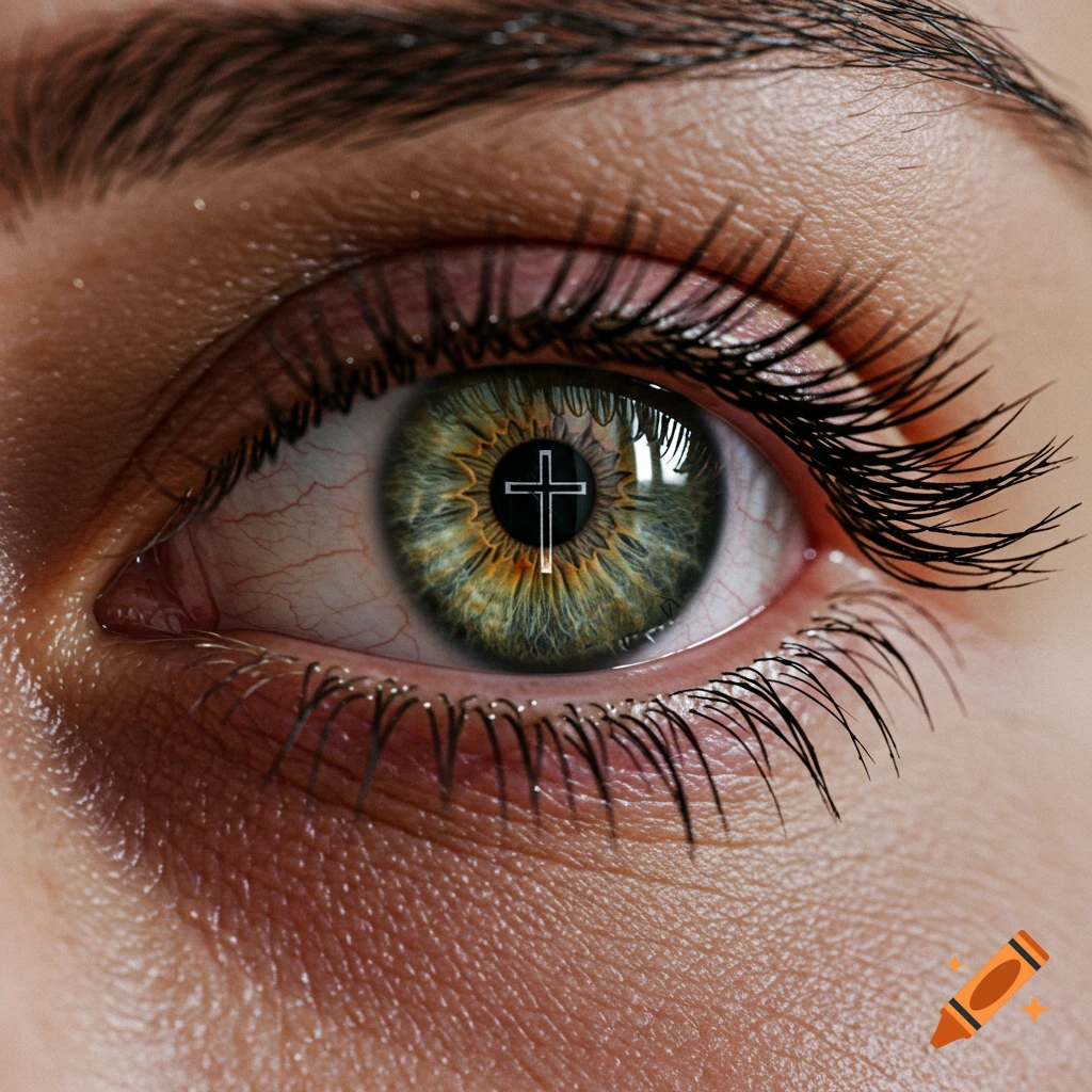Close-up of a fearful woman's eye with a white Christian cross reflecting in the pupil.