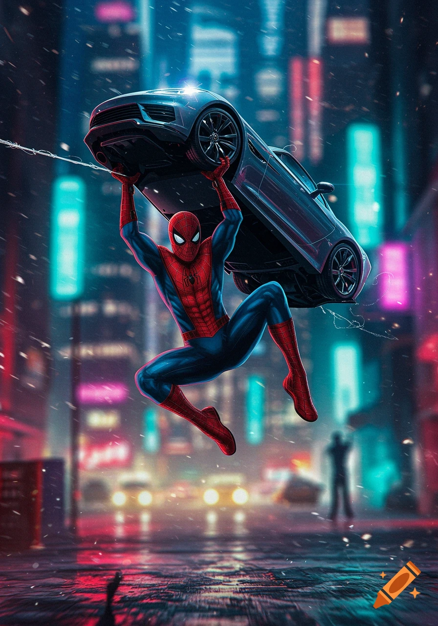 Spider-Man swings through a rainy, neon-lit city street at night, holding a black car above his head in a dynamic comic book illustration.