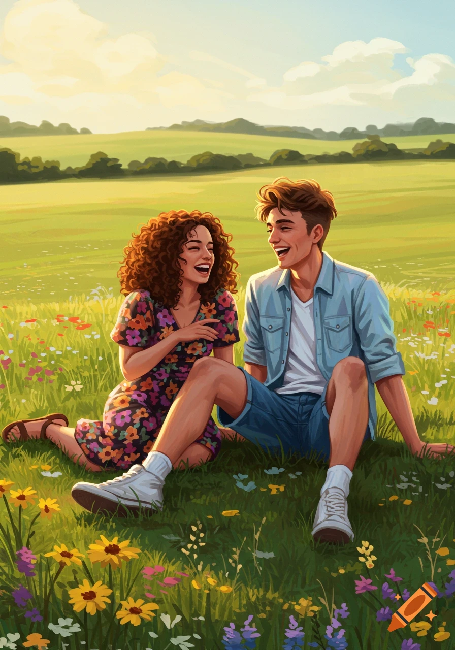 Two happy friends sit in a sunny, flower-filled green field, laughing together in a vibrant illustration.