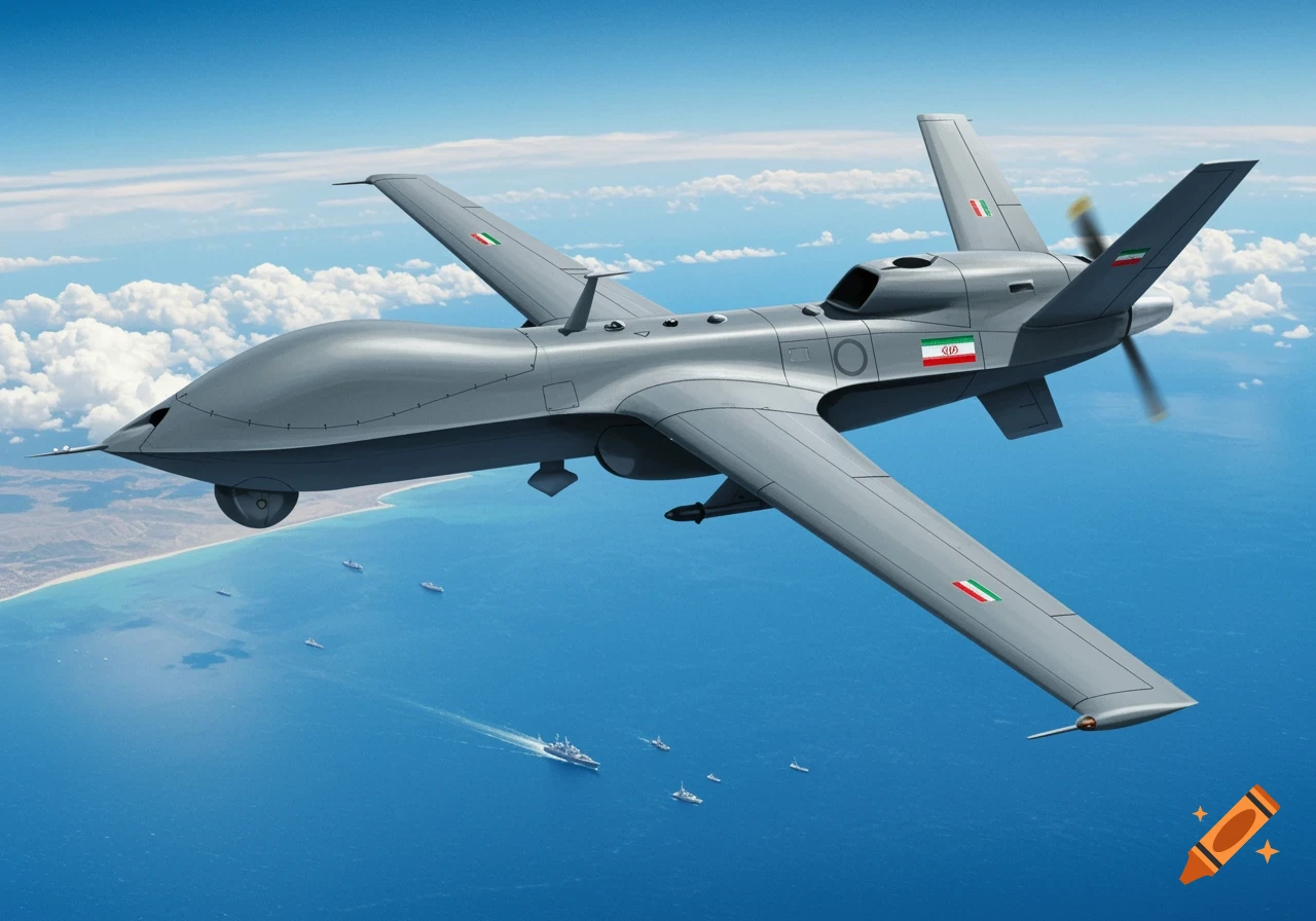 A grey military drone with Iranian and Italian flags flies over blue ocean water with several naval ships below and a coastline in the background.