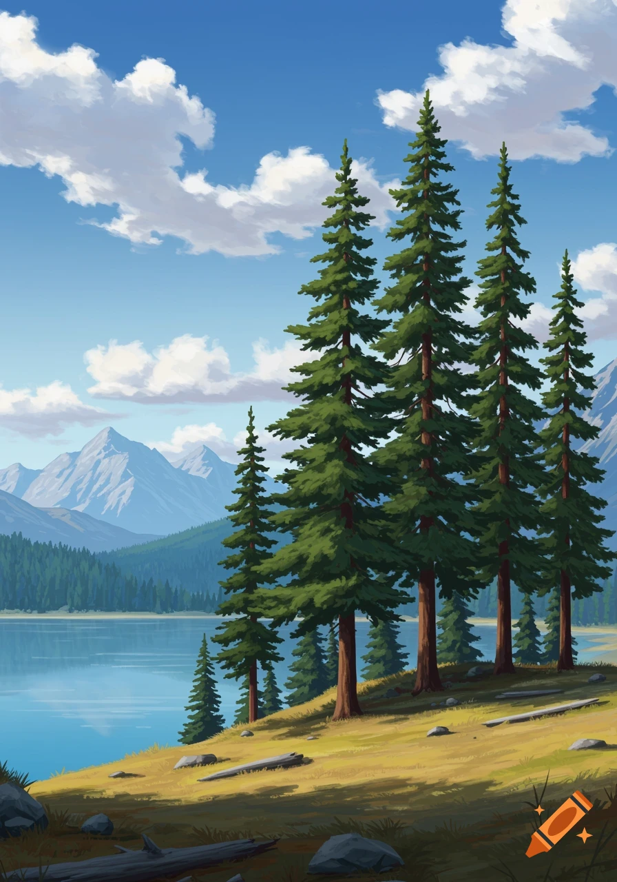 Pine trees on a grassy hill overlooking a calm blue lake with snow-capped mountains and a cloudy sky in the background.