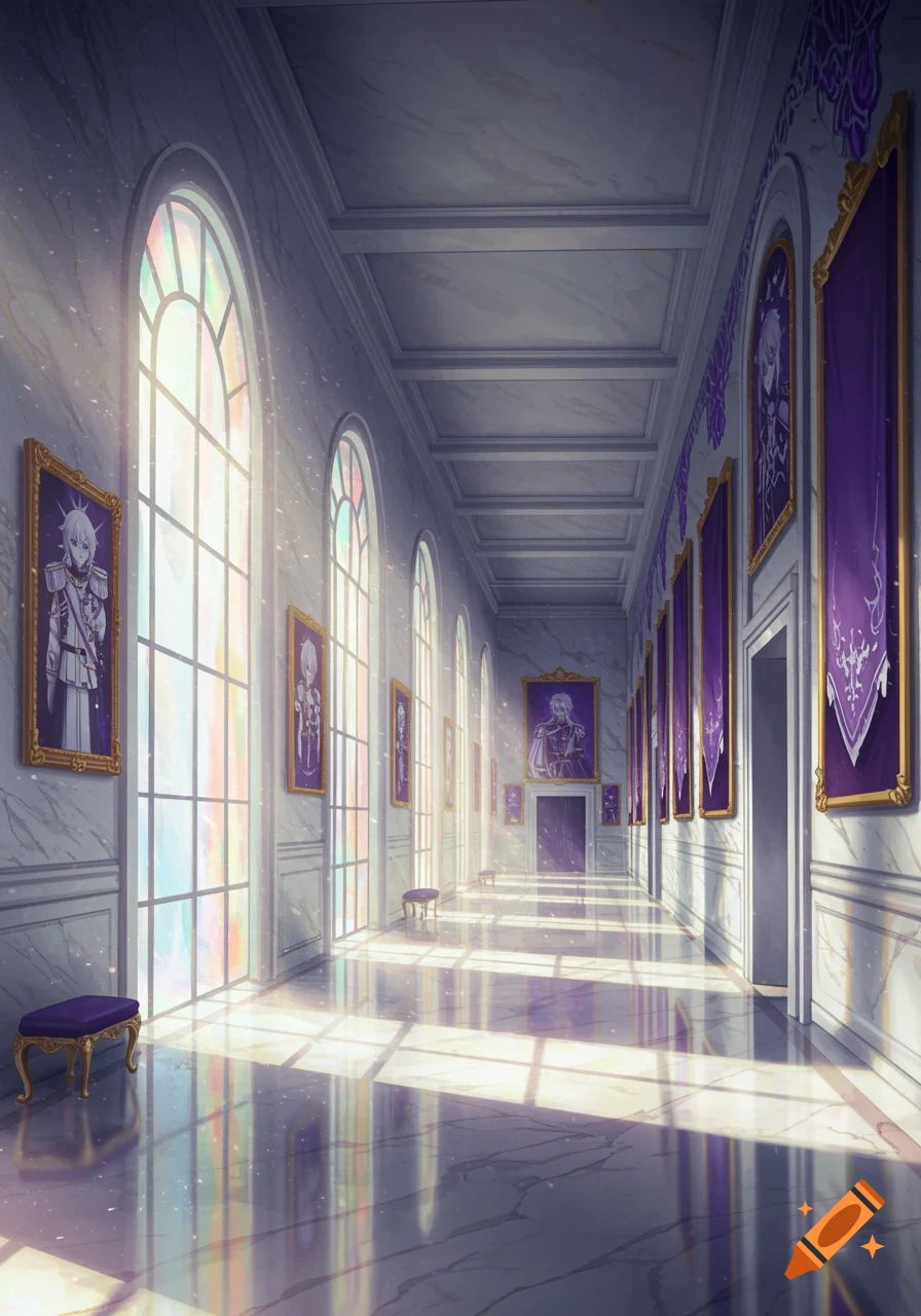 A grand white marble palace hallway with large arched windows, purple banners, and anime-style portraits on the walls.