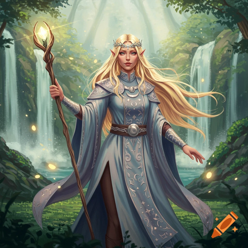 A blonde female elf in an ornate blue gown holds a glowing staff in a lush fantasy forest with waterfalls.