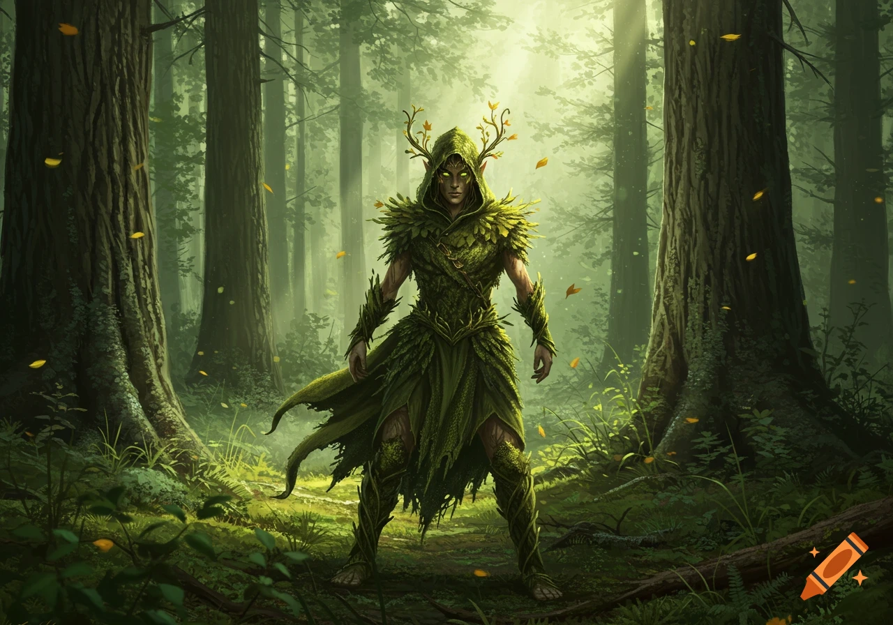 A detailed fantasy art piece showing an elven figure in green leaf armor and antlers, with glowing eyes, standing in a sunlit forest.
