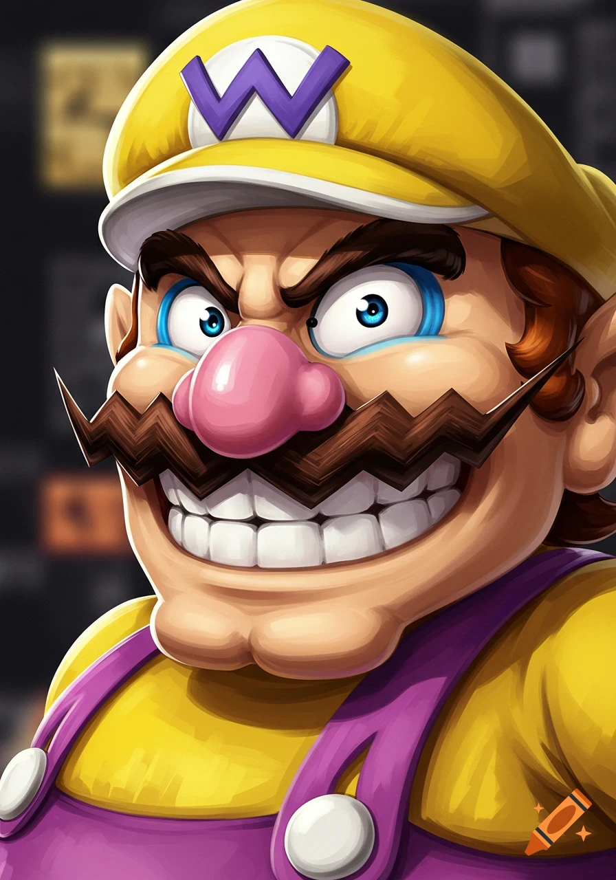 Close-up portrait of Wario, featuring his yellow hat with a purple 'W', pink nose, large mustache, and grinning expression.