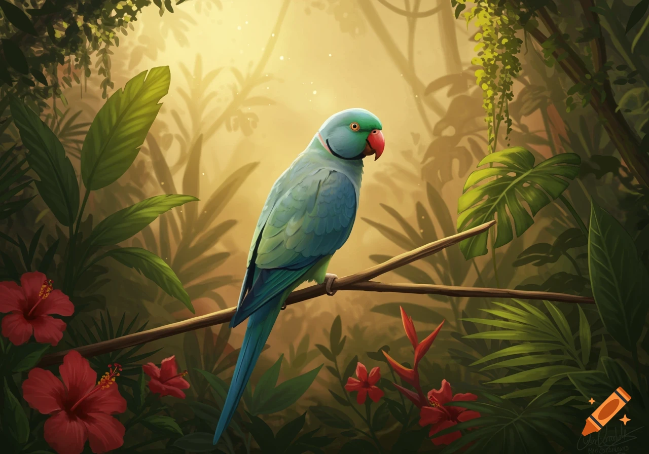 A blue-green parrot perches on a branch in a sunlit tropical jungle with red hibiscus flowers.