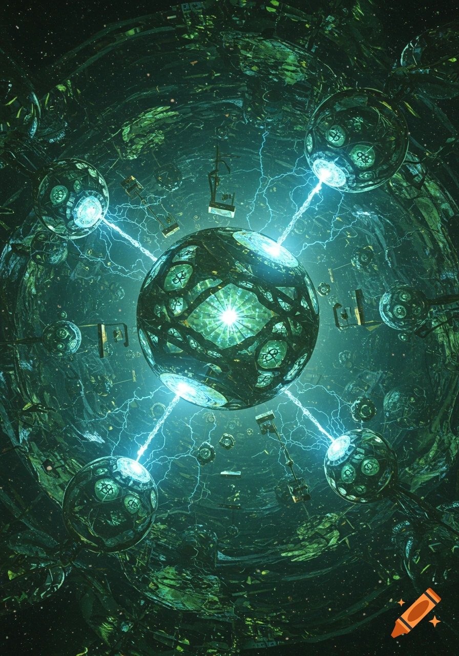 A complex, futuristic spherical structure emits blue energy beams to four smaller spheres within a dark, mechanical, green-hued environment.