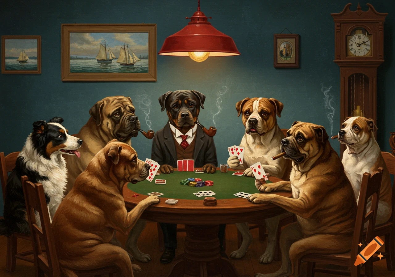 Vintage oil painting of seven dogs playing poker around a table, with cards, chips, and pipes.