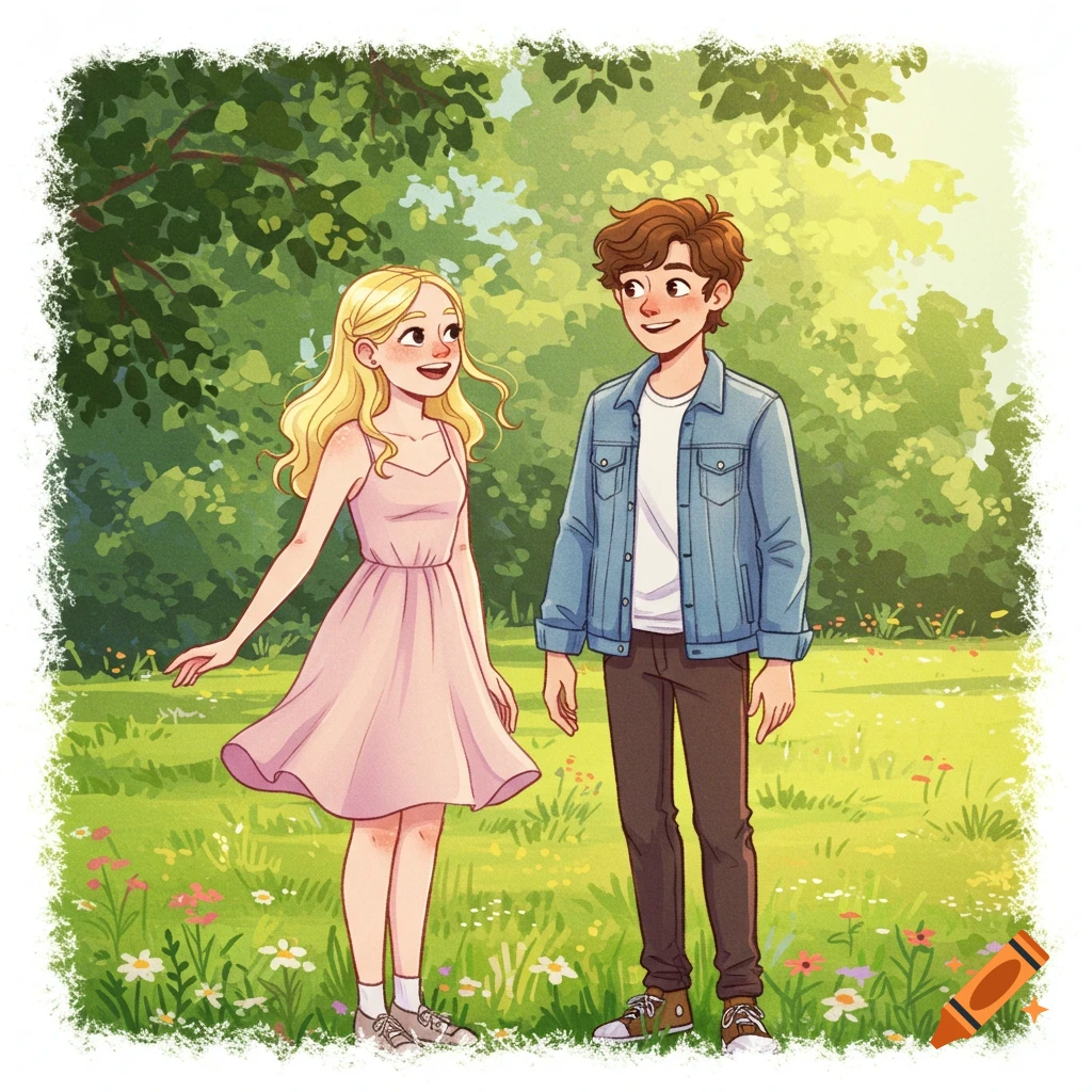 A 2D illustration of a blonde girl in a pink dress and a brown-haired boy in a denim jacket standing in a sunny park.