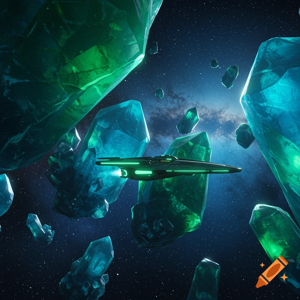 A sleek spaceship with glowing green lights navigates through a field of large, radiant green and blue crystals in deep space.