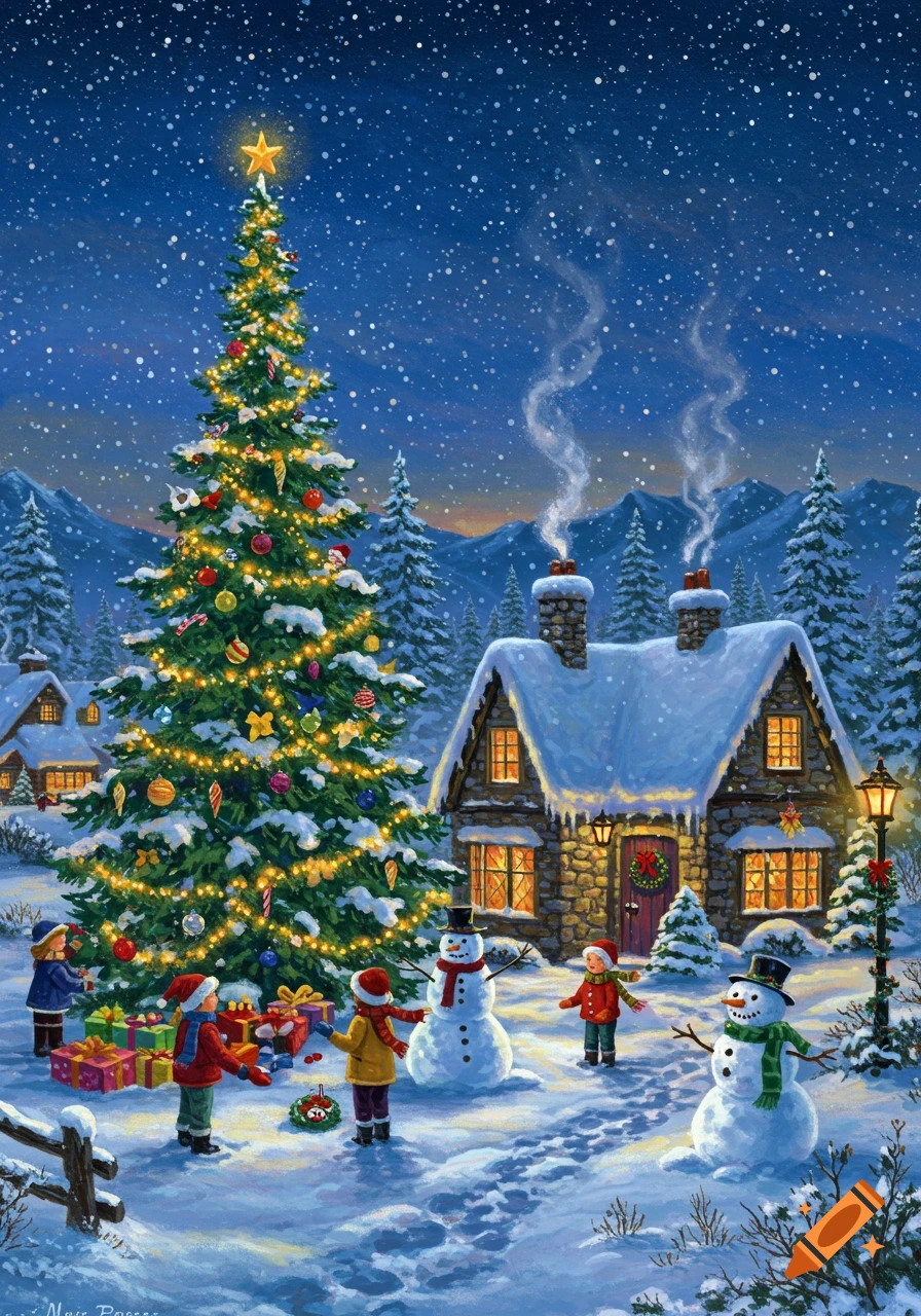 A festive snowy Christmas scene with children, snowmen, a decorated tree, and a cozy stone house.