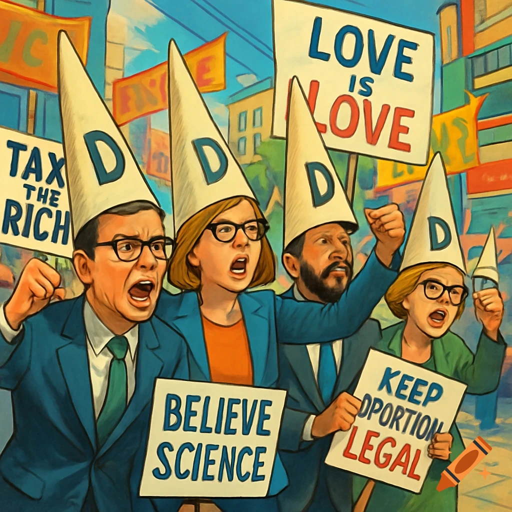 Stylized illustration of four people in dunce caps at a protest, holding signs with various political slogans.