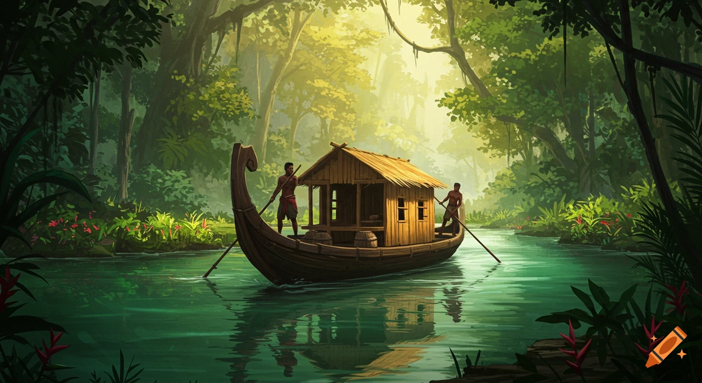 A digital painting of a long boat with a small house in its center, paddled by two men through a lush, sunlit jungle river.