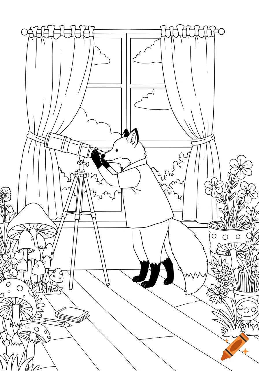 Black and white line art coloring page of an anthropomorphic fox looking through a telescope by a window, surrounded by mushrooms and flowers.