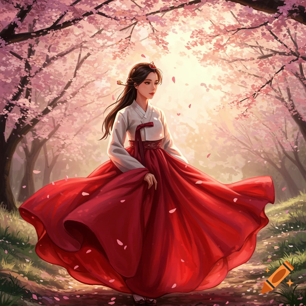 A young woman in a red and white hanbok stands in a cherry blossom forest with petals falling.