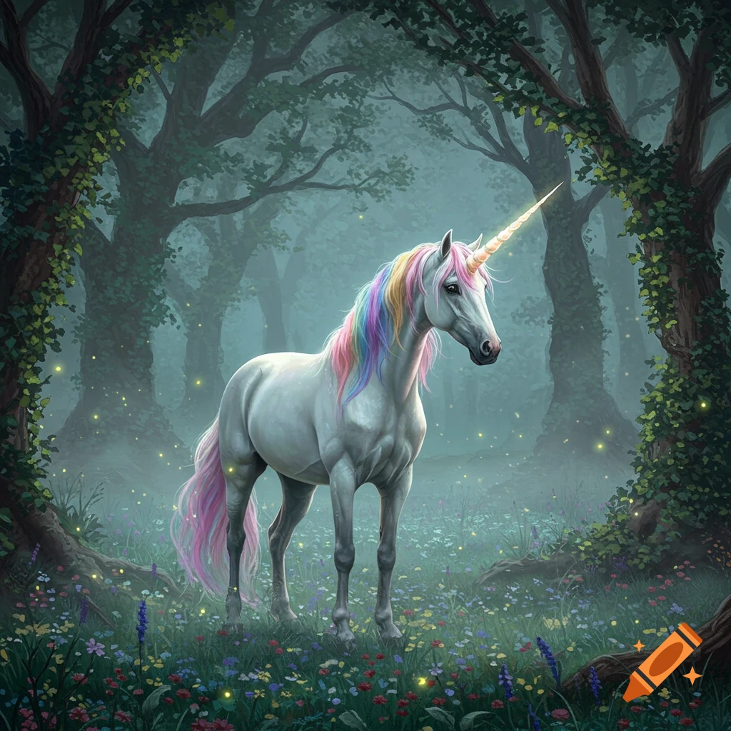 A majestic white unicorn with a rainbow mane and tail stands in a mystical, misty forest filled with colorful flowers and glowing fireflies.