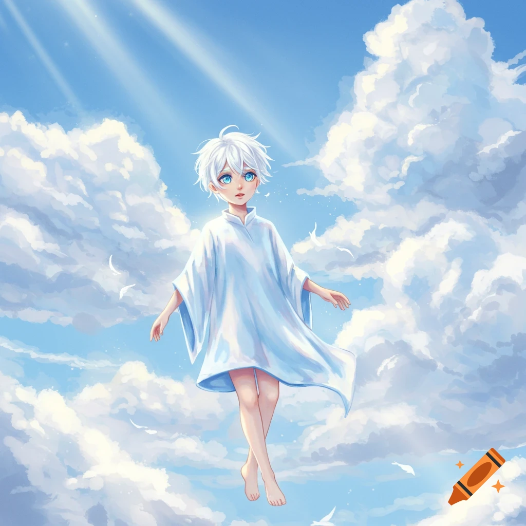 An anime illustration of a white-haired boy in a white robe floating amongst bright white clouds in a blue sky with sunrays.