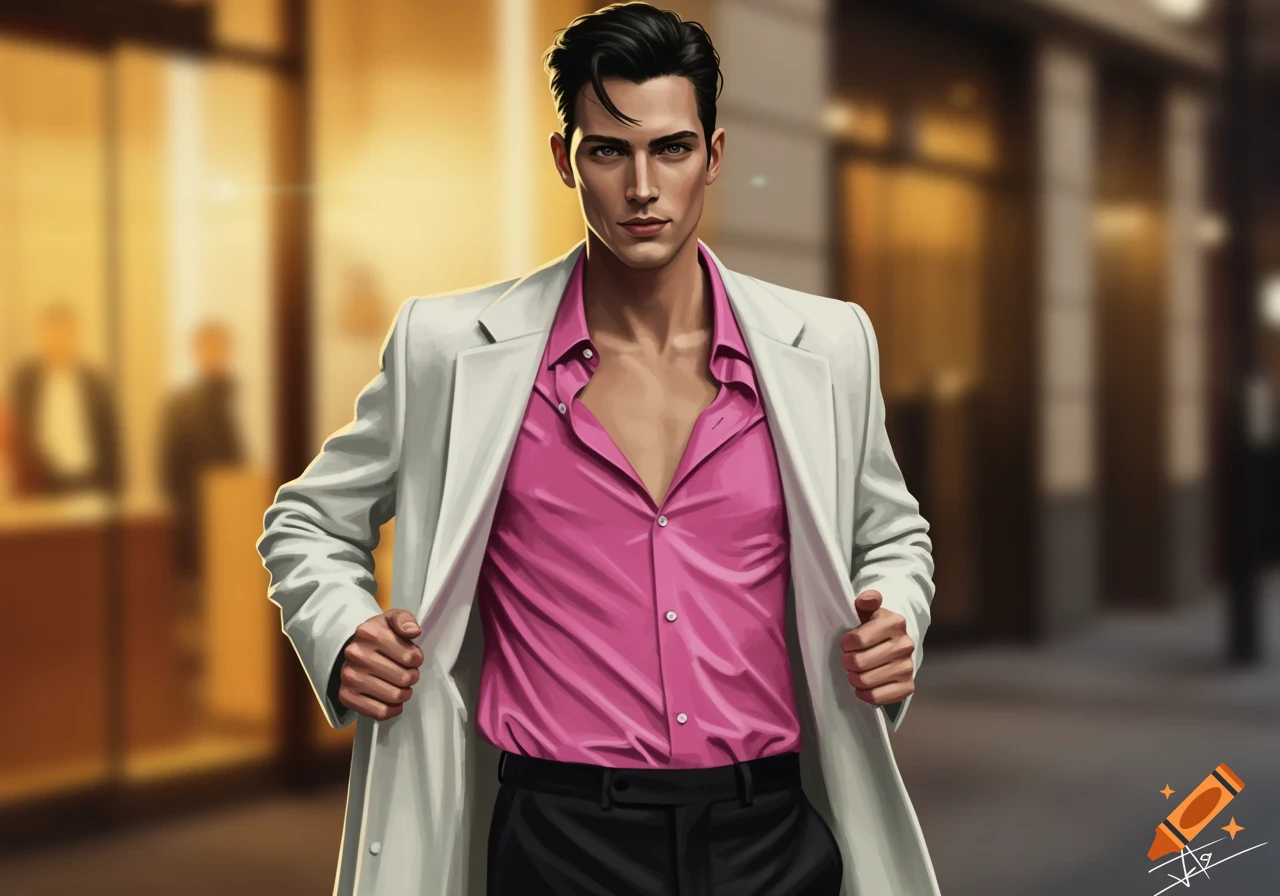 A stylish man with black hair in a pink unbuttoned shirt and a white coat stands confidently, looking forward. Digital art style.