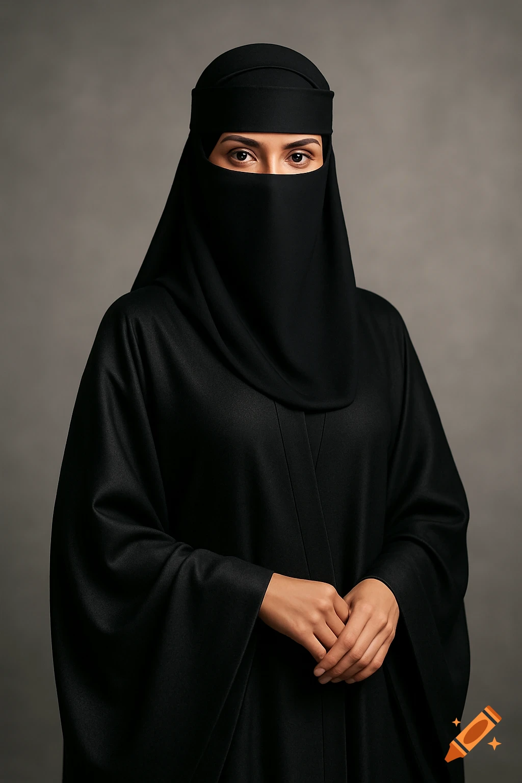 A photorealistic portrait of an Arab woman wearing a black abaya and niqab, with only her eyes visible, against a gray background.