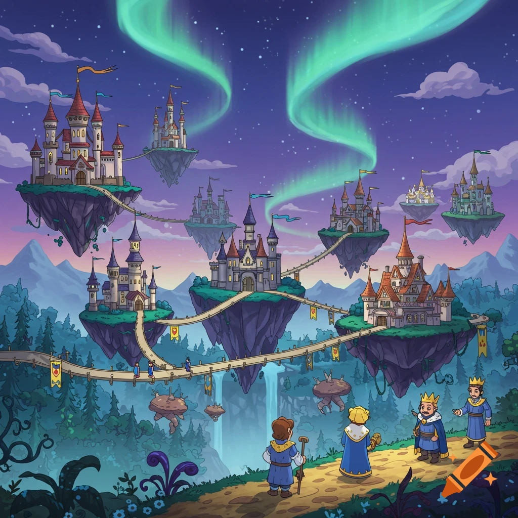 A vibrant cartoon fantasy landscape with multiple floating castles connected by sky bridges, under a starry sky with aurora borealis. Royal characters stand on a path below.
