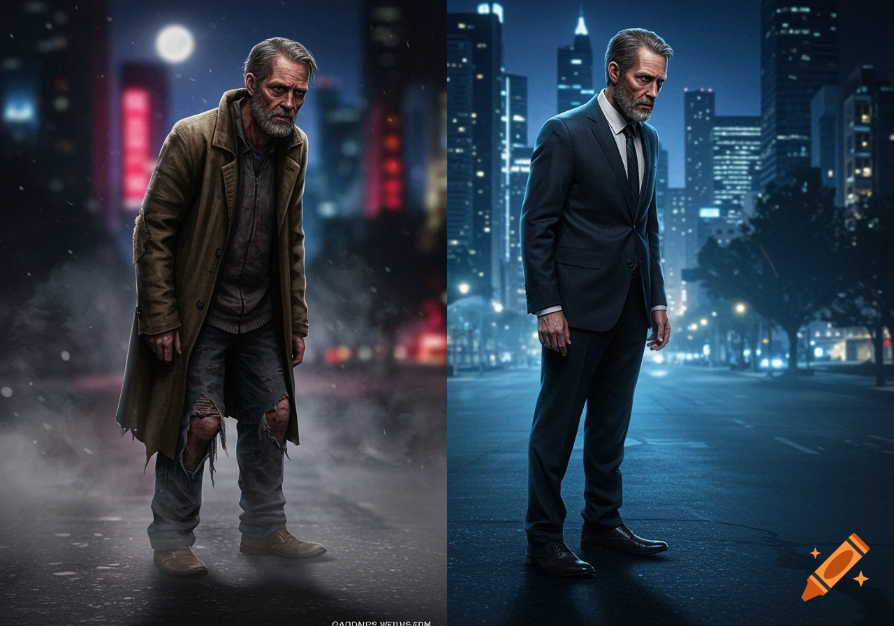 Split image of a man, from grizzled homeless to clean businessman, on a dark city street.
