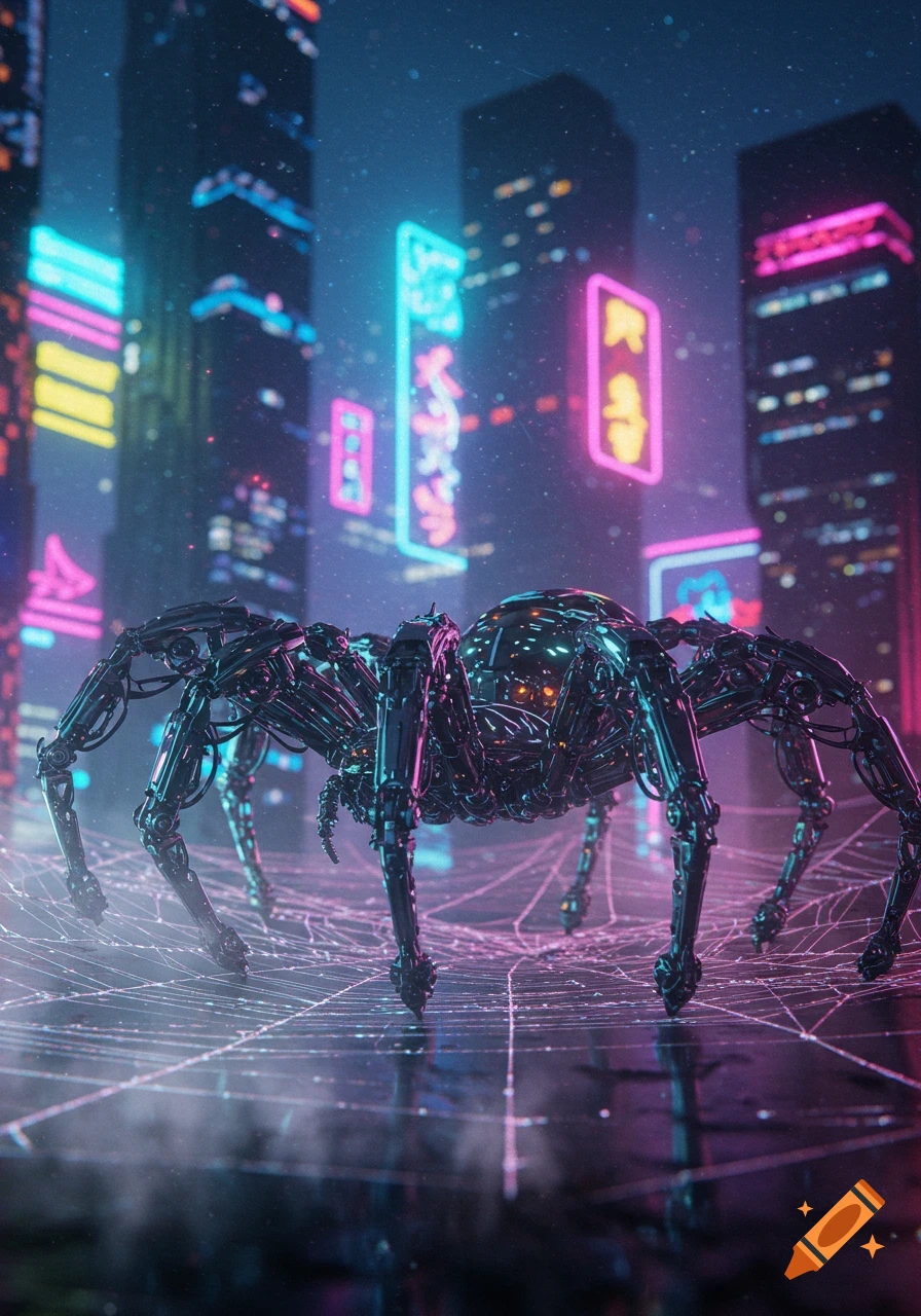 A large metallic robotic spider stands on a glowing web in a neon-lit cyberpunk city at night.