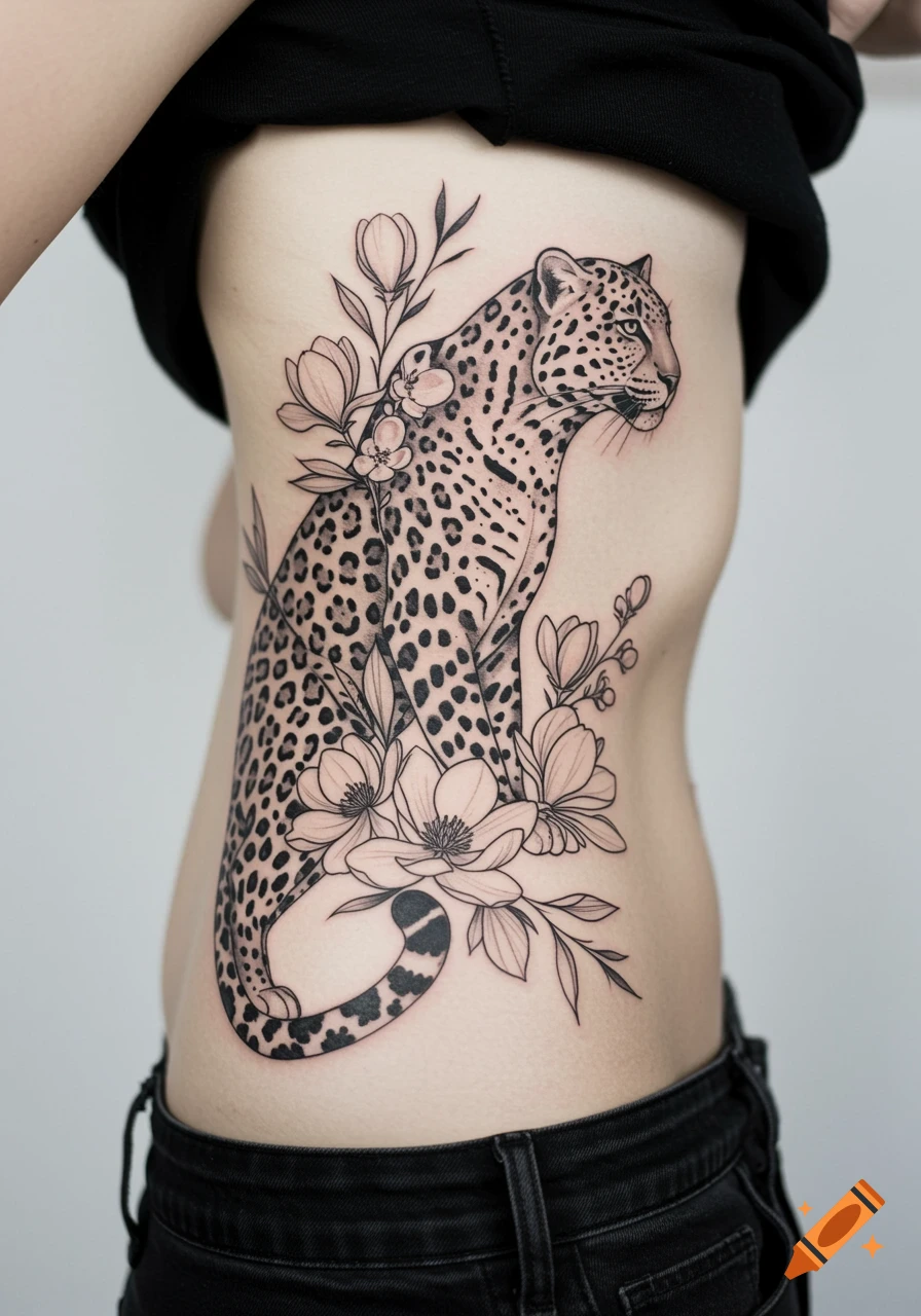 A detailed black and white tattoo of a leopard surrounded by flowers on a person's side torso.