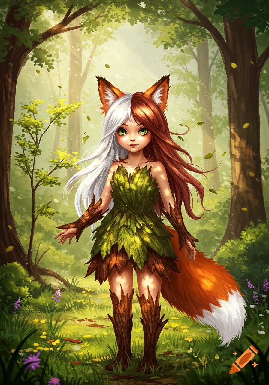 A digital painting of a fox girl with split white and brown hair, wearing a leafy green dress and bark boots, standing in a sunlit forest.
