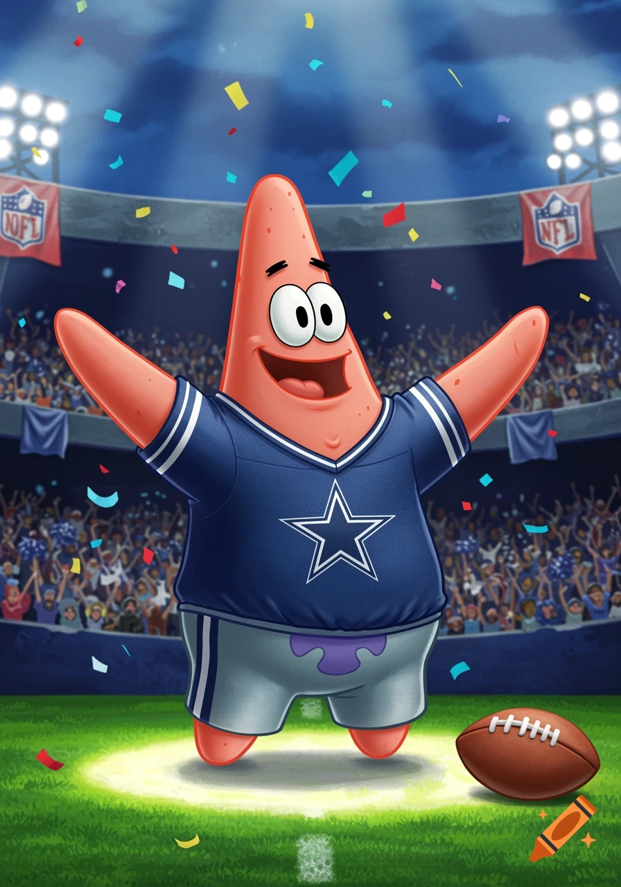 Patrick Star in a Dallas Cowboys jersey with arms raised on a football field in a stadium with confetti.