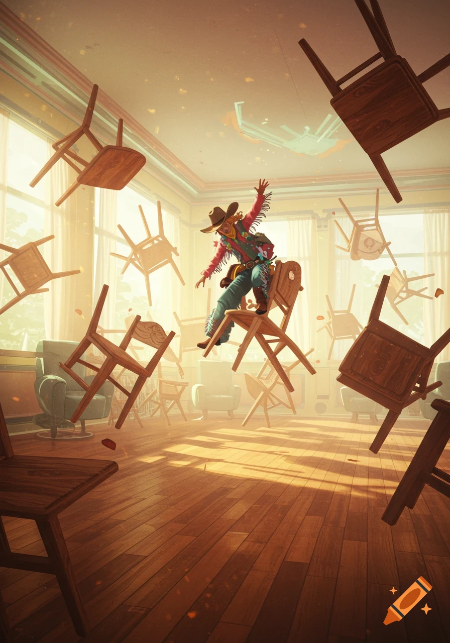 A person in a cowboy outfit balances on a floating chair in a brightly lit room filled with many other chairs suspended in the air.