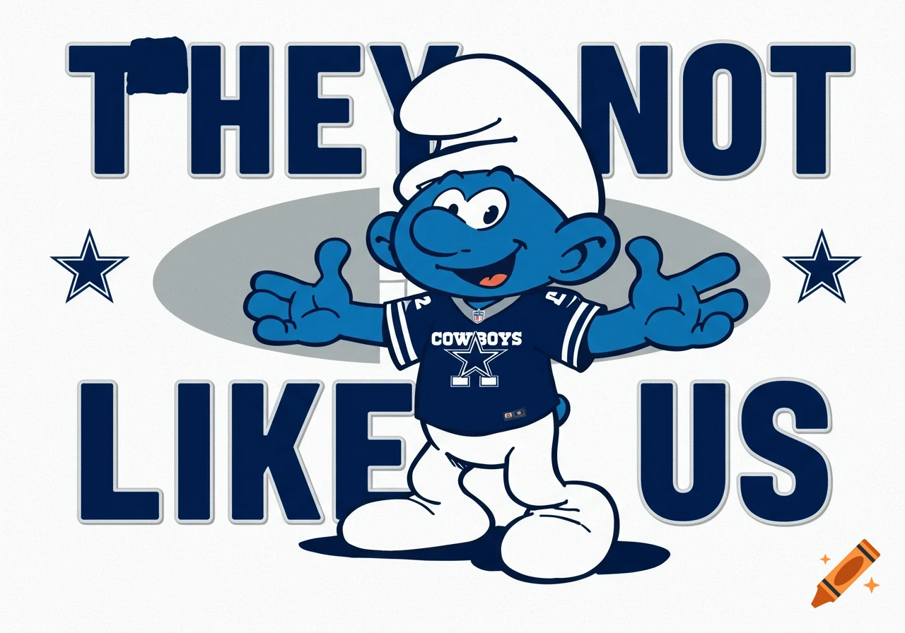 A blue Smurf wearing a Dallas Cowboys football jersey with the text "THEY NOT LIKE US" behind him, in a cartoon style.