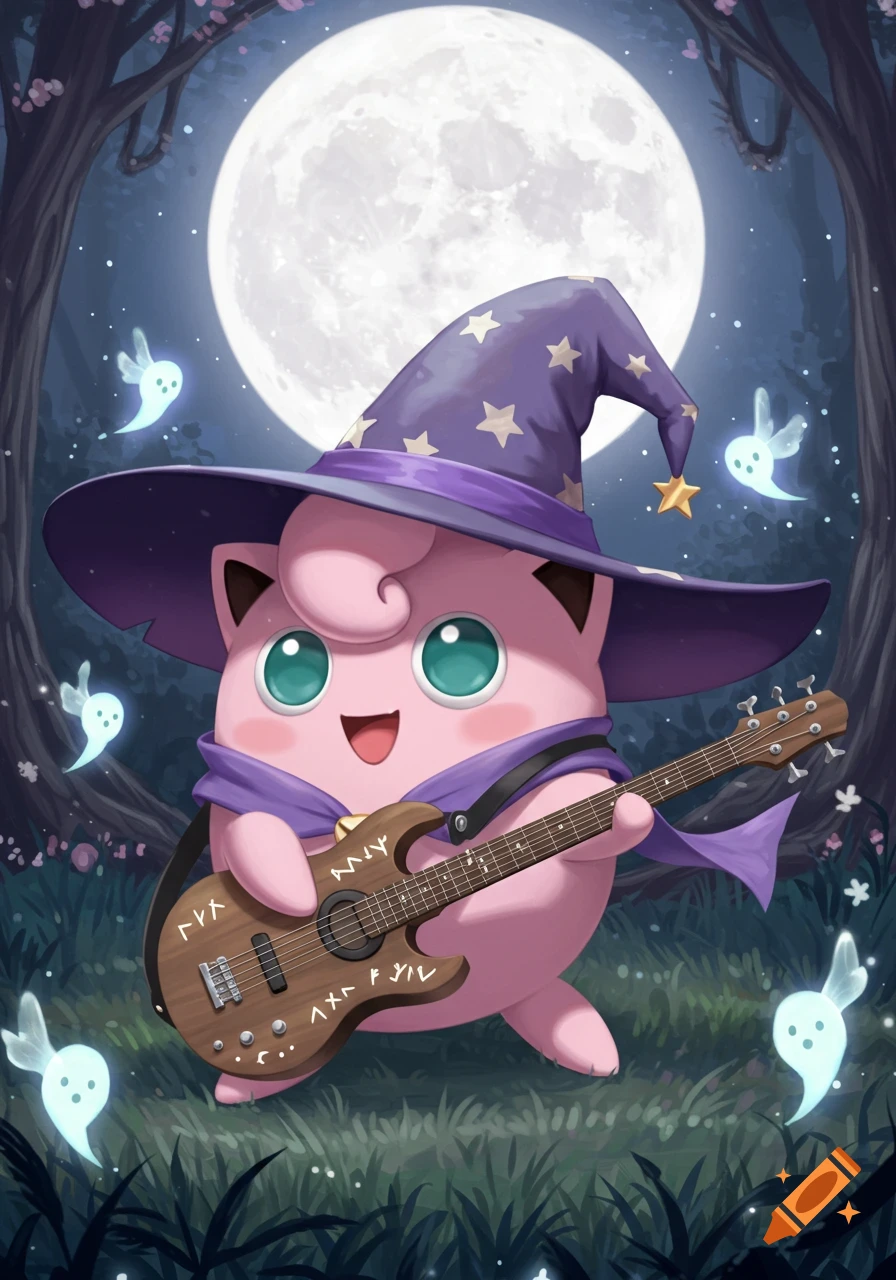 Jigglypuff in a witch hat plays a bass guitar in a moonlit forest with glowing spirits.