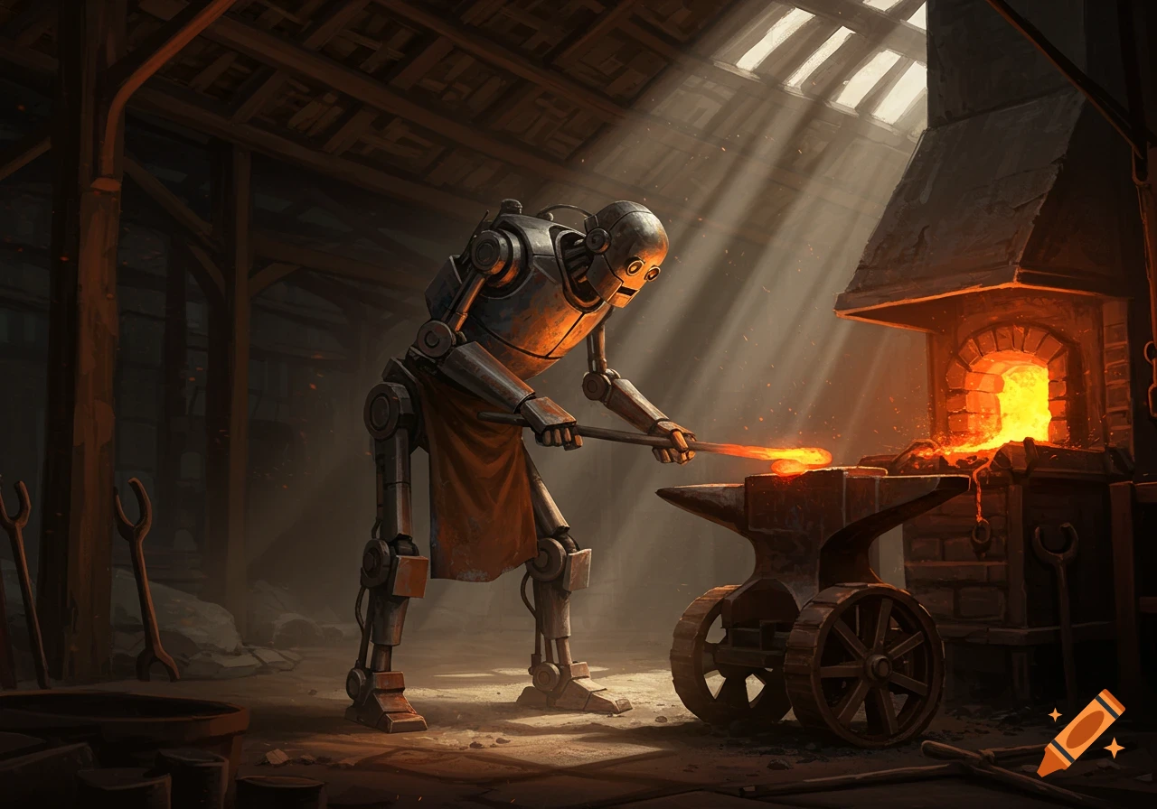 A sad, old robot with wheels for legs works in a dimly lit forge, hammering a glowing piece of metal on an anvil.