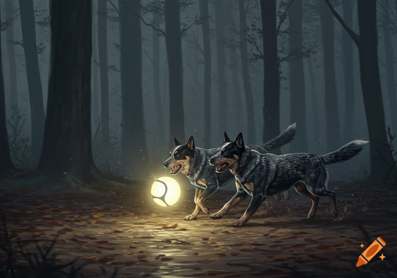 Two blue heeler dogs run through a dark, foggy forest, chasing a glowing orb. Digital illustration.