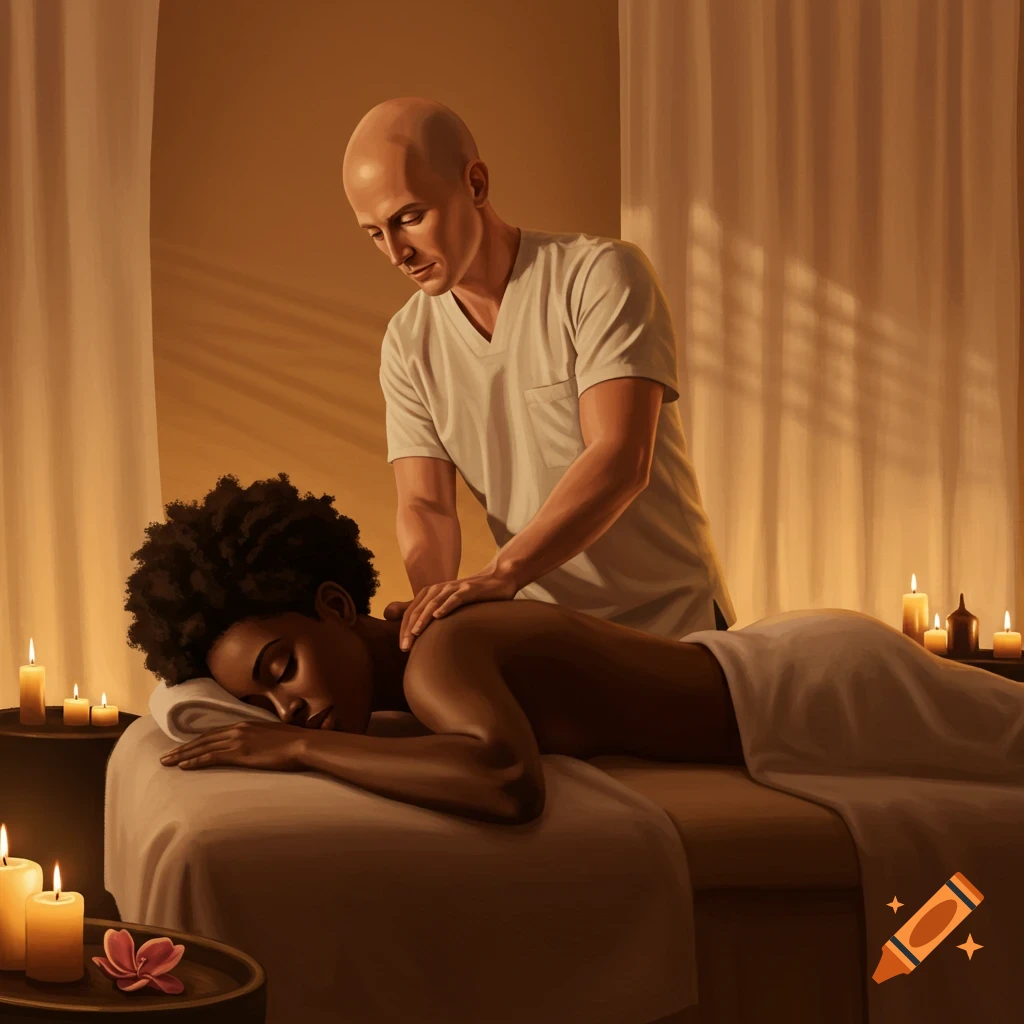 A bald man massages a woman on a table in a dimly lit spa room with candles, in a photorealistic style.