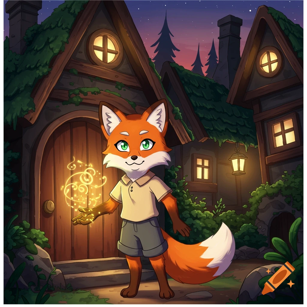 A cartoon anthropomorphic fox with green eyes stands in front of wooden houses at twilight, holding glowing golden magic.