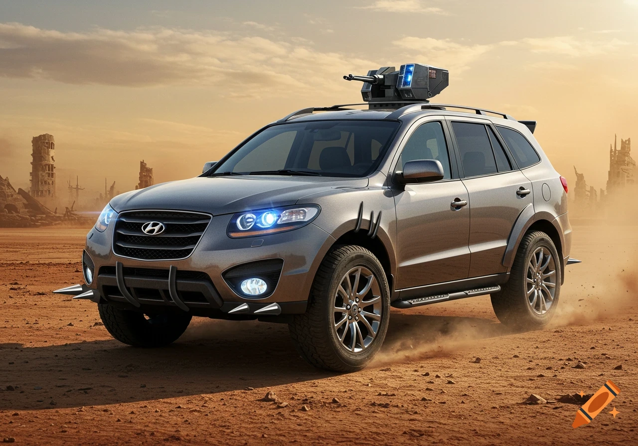 A grey Hyundai Santa Fe SUV modified into a battle wagon with a roof-mounted gun and front spikes drives through a dusty, ruined landscape.