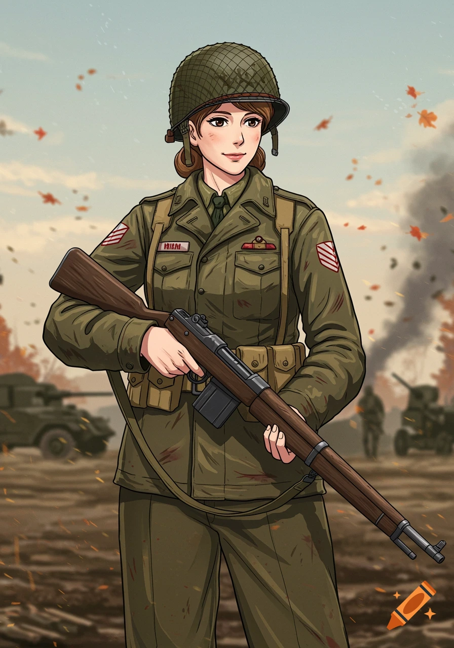 An anime-style woman in a green WW2 US Army uniform and helmet holds a rifle against a smoky, war-torn background.