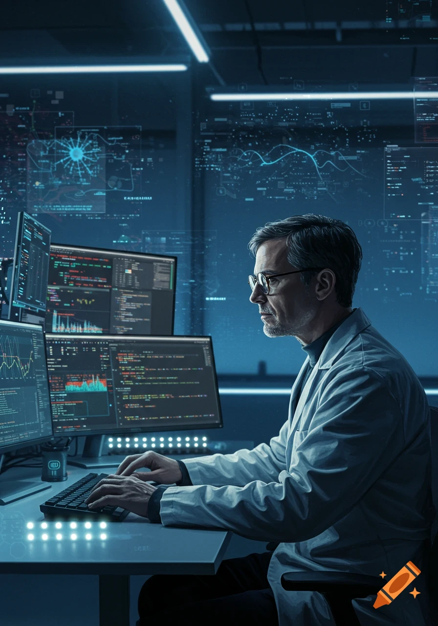 A man in a lab coat and glasses works at multiple computer monitors displaying code and data in a futuristic, dimly lit control room.