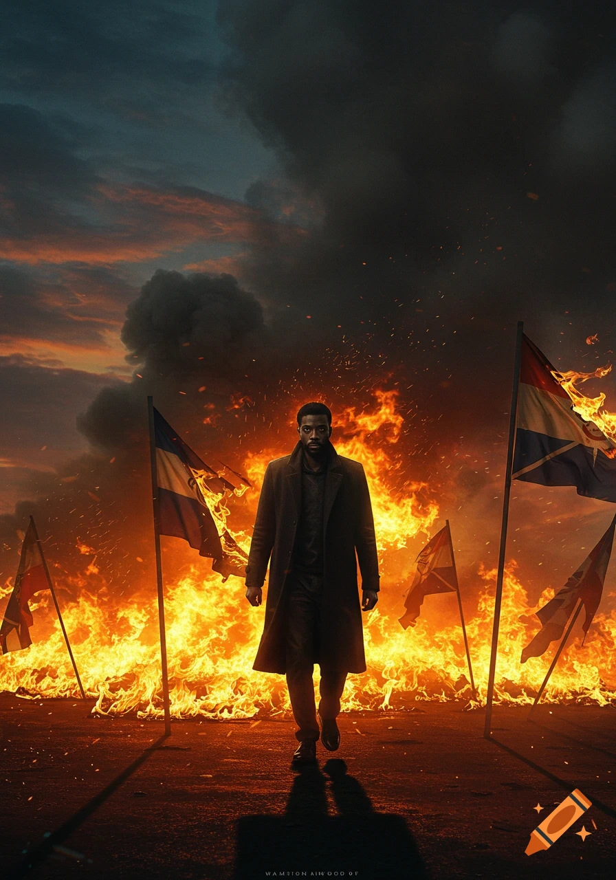 A man in a long coat walks through a burning landscape with flags on fire under a smoky, orange sky.