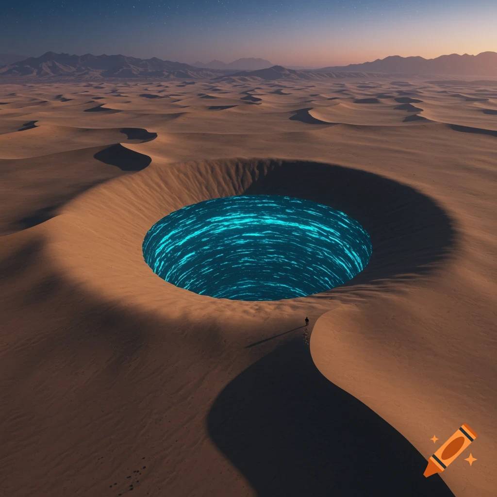 A lone figure walks towards a large, glowing blue, circular pool in a vast desert landscape under a starry night sky.