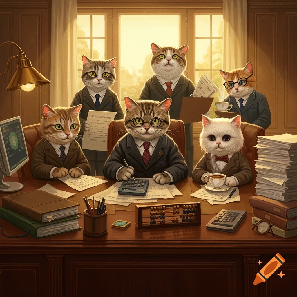 A team of six anthropomorphic cats dressed in suits and ties, working as accountants at a large desk in a professional office.